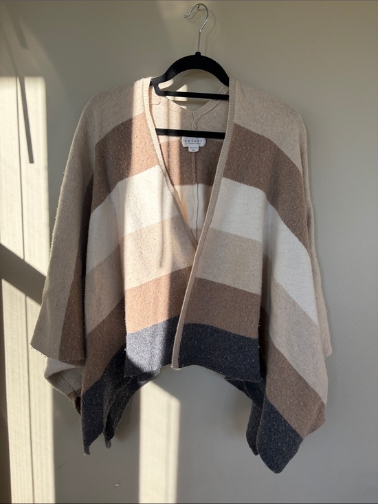 Velvet Heart Sweaters - Velvet Heart Striped Open Poncho Cardigan - Beige, Cream, Brown, Dark Gray